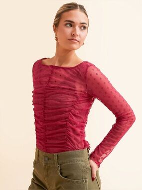 Free People Ruched Mesh Long-Sleeve Top Layering shirt small pink